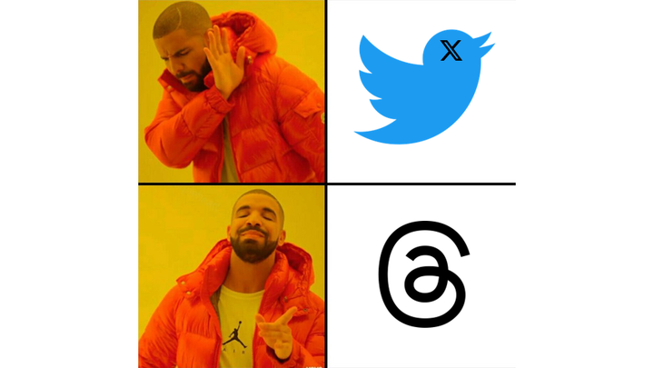 Drake Hotline Bling meme with Drake rejecting the Twitter's blue bird with X for its eyes and embracing logo of Threads by Meta.